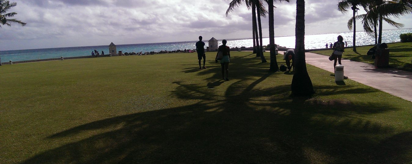 People walking grassland by a beach.