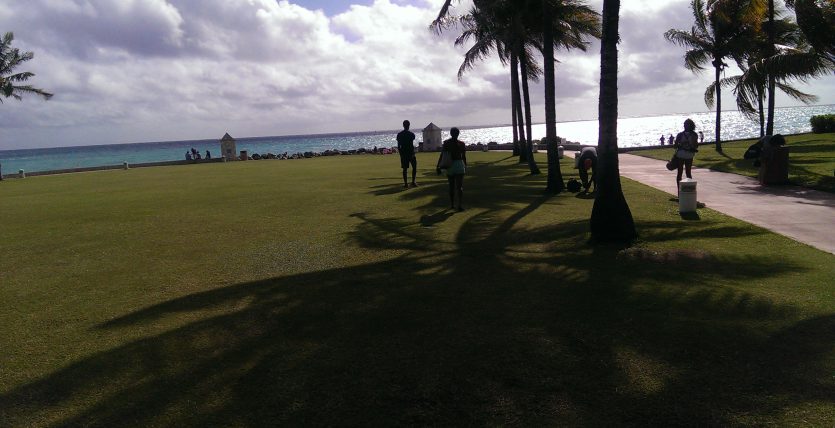 People walking grassland by a beach.